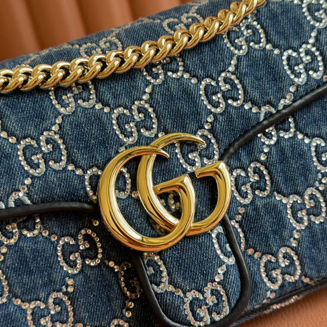 MARMONT SHOULDER BAG 26 IN BLUE DENIM WITH DOUBLE G CRYSTAL PATTERN GOLD HARDWARE