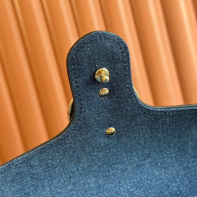 MARMONT SHOULDER BAG 26 IN BLUE DENIM WITH DOUBLE G CRYSTAL PATTERN GOLD HARDWARE