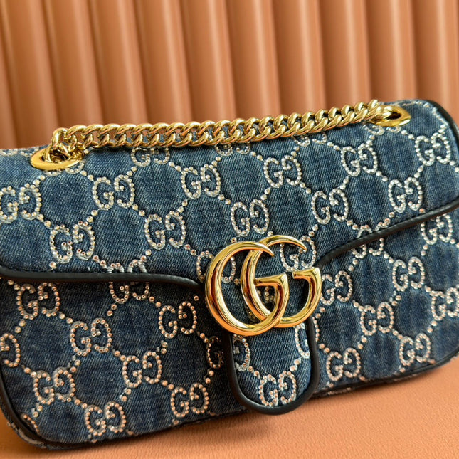 MARMONT SHOULDER BAG 26 IN BLUE DENIM WITH DOUBLE G CRYSTAL PATTERN GOLD HARDWARE