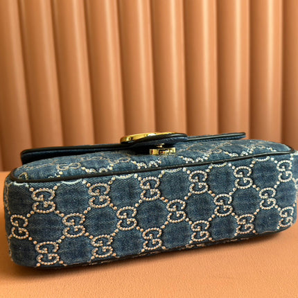 MARMONT SHOULDER BAG 26 IN BLUE DENIM WITH DOUBLE G CRYSTAL PATTERN GOLD HARDWARE