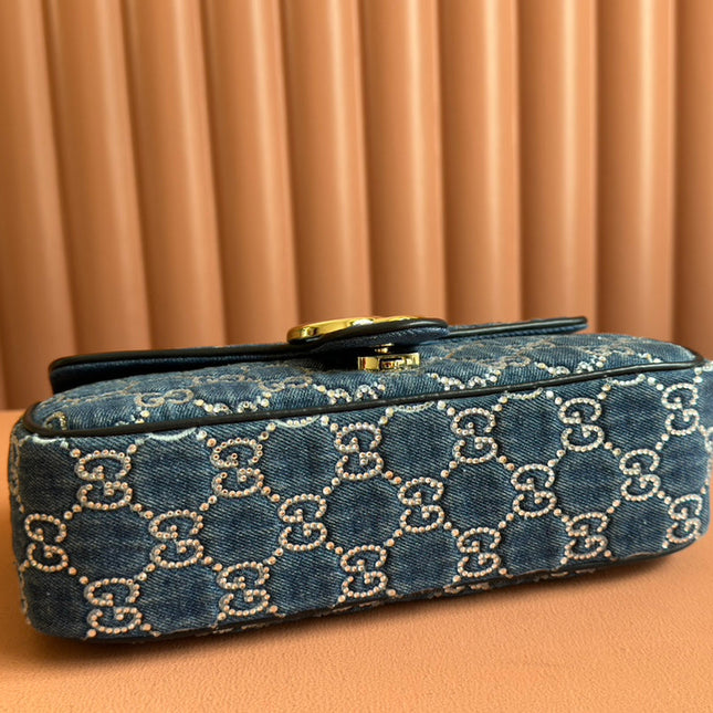 MARMONT SHOULDER BAG 26 IN BLUE DENIM WITH DOUBLE G CRYSTAL PATTERN GOLD HARDWARE