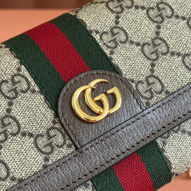 OPHIDIA WALLET ON GOLD CHAIN 19 IN BEIGE AND DARK BROWN CANVAS AND BROWN CALFSKIN