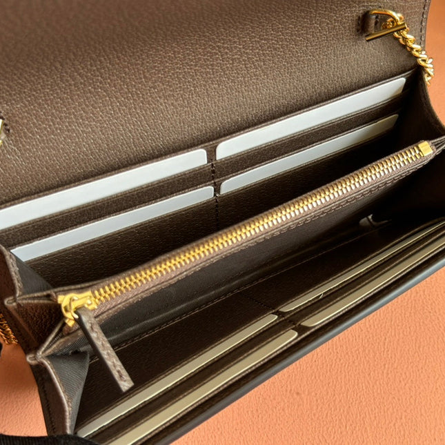 OPHIDIA WALLET ON GOLD CHAIN 19 IN BEIGE AND DARK BROWN CANVAS AND BROWN CALFSKIN