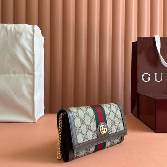 OPHIDIA WALLET ON GOLD CHAIN 19 IN BEIGE AND DARK BROWN CANVAS AND BROWN CALFSKIN