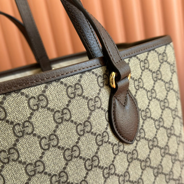 OPHIDIA MEDIUM TOTE BAG 38.5 BEIGE CANVAS AND BROWN CALFSKIN