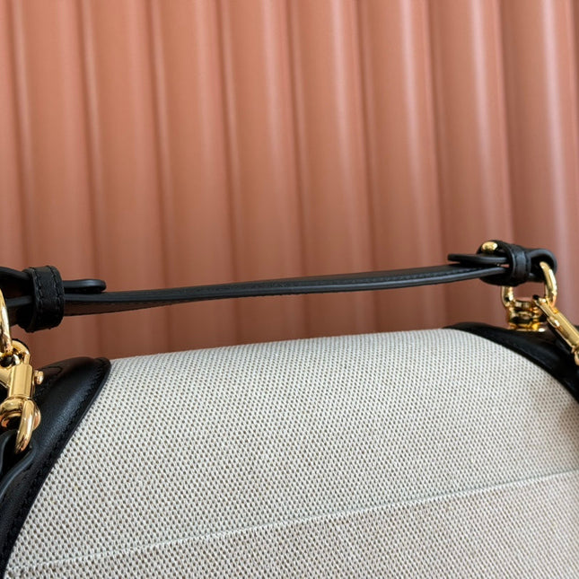 BLONDIE LARGE TOP HANDLE BAG 32 IN NATURAL COTTON LINEN CANVAS BLACK CALFSKIN