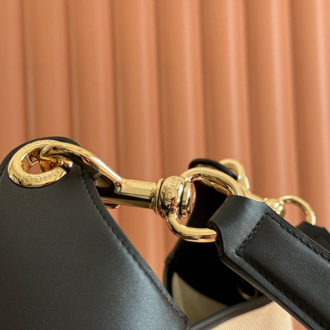 BODY MEDIUM SHOULDER BAD 49 IN NATURAL CANVAS AND BLACK CALFSKIN GOLD HARDWARE