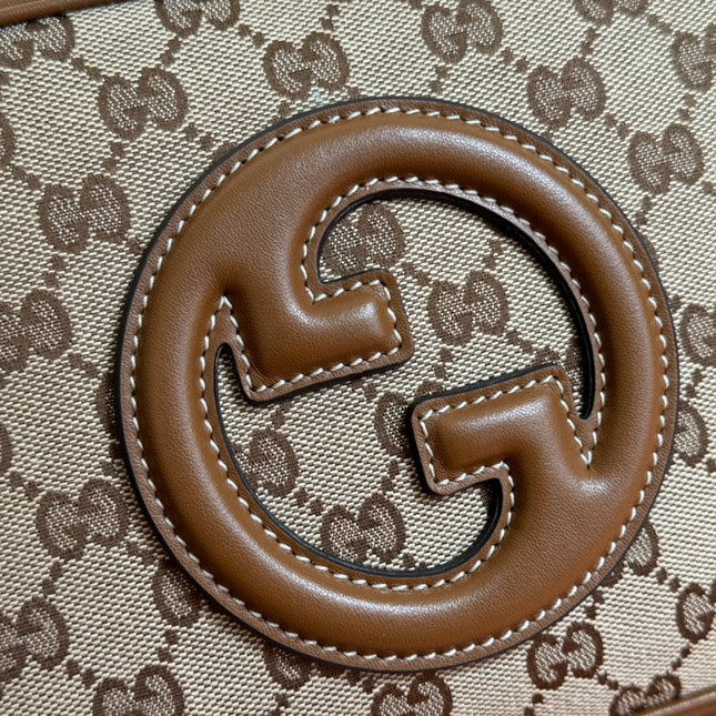 BLONDIE SMALL SHOULDER BAG 21 IN BEIGE AND DARK BROWN CANVAS BROWN CALFSKIN