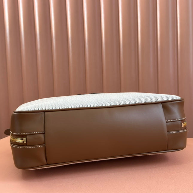 BEAU TOP HANDLE BAG 34 IN WHITE CANVAS AND WALNUT BROWN CALFSKIN TRIM