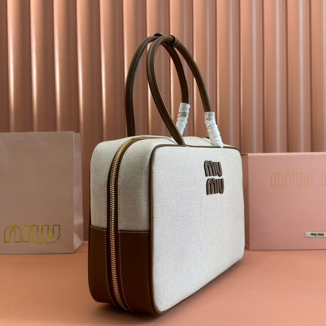 BEAU TOP HANDLE BAG 34 IN WHITE CANVAS AND WALNUT BROWN CALFSKIN TRIM