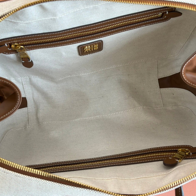 BEAU TOP HANDLE BAG 34 IN WHITE CANVAS AND WALNUT BROWN CALFSKIN TRIM
