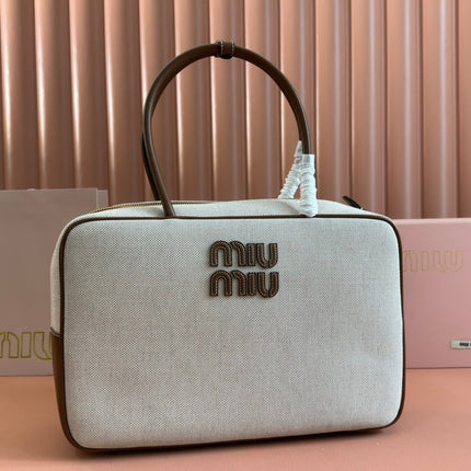 BEAU TOP HANDLE BAG 34 IN WHITE CANVAS AND WALNUT BROWN CALFSKIN TRIM