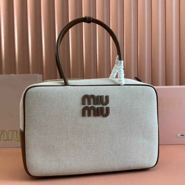 BEAU TOP HANDLE BAG 34 IN WHITE CANVAS AND WALNUT BROWN CALFSKIN TRIM