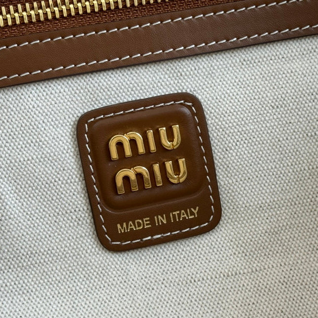 BEAU TOP HANDLE BAG 34 IN WHITE CANVAS AND WALNUT BROWN CALFSKIN TRIM
