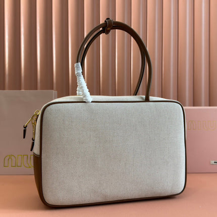 BEAU TOP HANDLE BAG 34 IN WHITE CANVAS AND WALNUT BROWN CALFSKIN TRIM