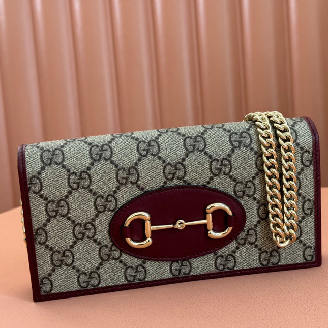 HORSEBIT 1955 WALLET ON CHAIN 19 IN BEIGE DARK BROWN NEW GG AND ROSSO ANCORA RED CALFSKIN