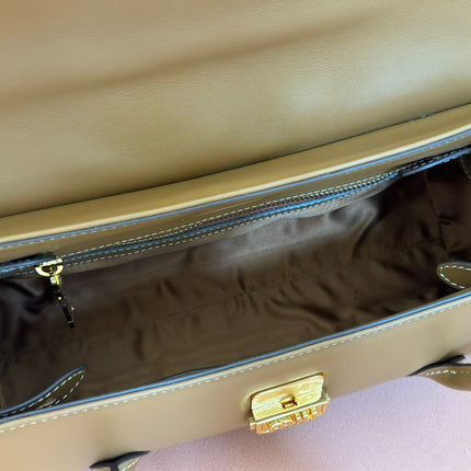 BEAU TOP HANDLE BAG 28 IN CHOCOLATE BROWN GLOSSY CALFSKIN GOLD HARDWARE
