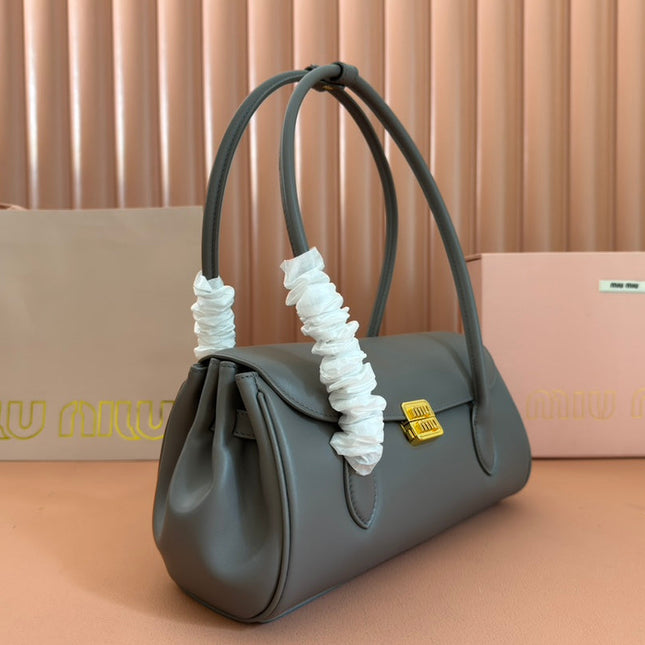 BEAU TOP HANDLE BAG 28 IN LAVA GREY GLOSSY CALFSKIN GOLD HARDWARE