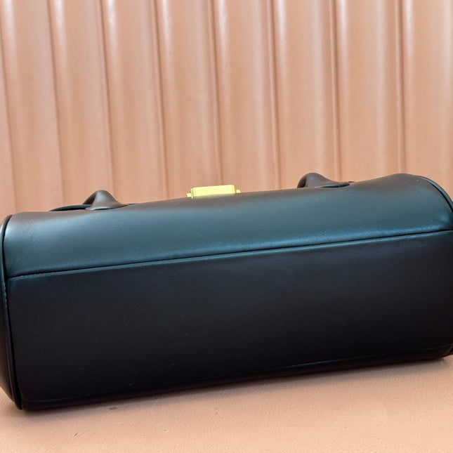 BEAU TOP HANDLE BAG 28 IN BLACK GLOSSY CALFSKIN GOLD HARDWARE