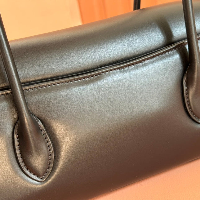 BEAU TOP HANDLE BAG 28 IN BLACK GLOSSY CALFSKIN GOLD HARDWARE