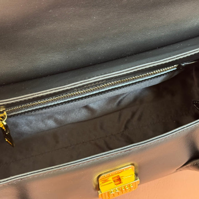 BEAU TOP HANDLE BAG 28 IN BLACK GLOSSY CALFSKIN GOLD HARDWARE