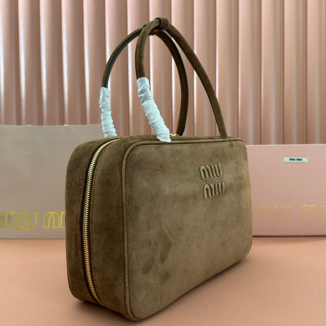 BEAU TOP HANDLE BAG 34 IN COFFEE BROWN SUEDE EMBOSSED LOGO