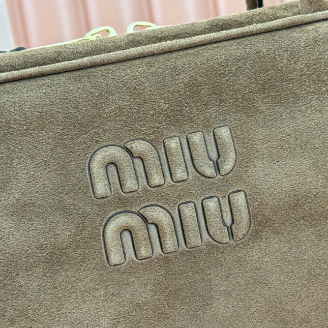 BEAU TOP HANDLE BAG 34 IN COFFEE BROWN SUEDE EMBOSSED LOGO