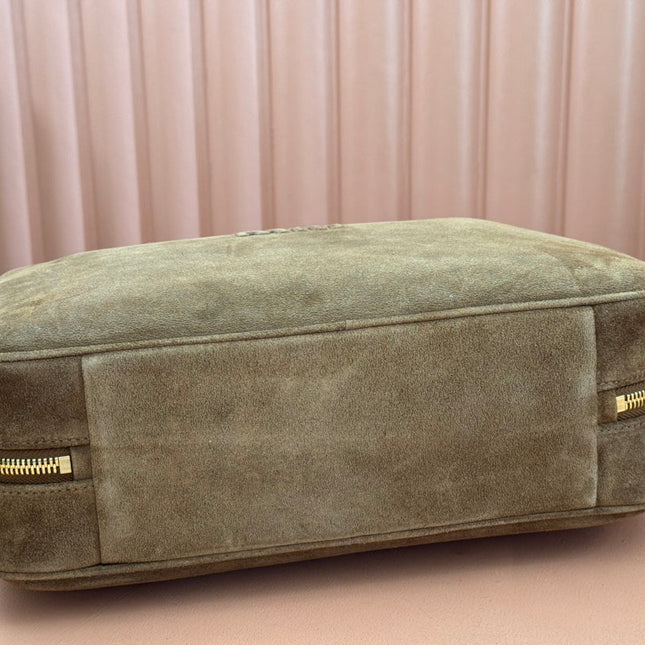 BEAU TOP HANDLE BAG 34 IN COFFEE BROWN SUEDE EMBOSSED LOGO
