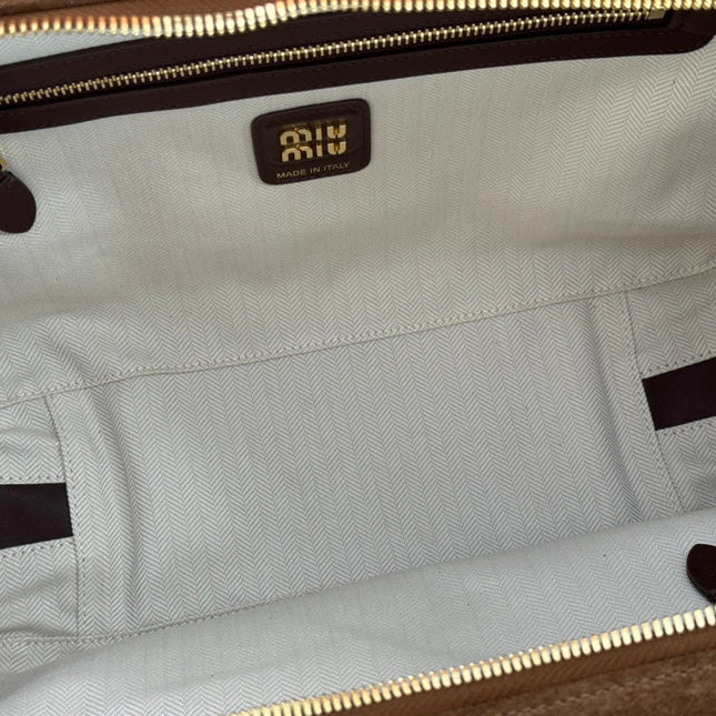 BEAU TOP HANDLE BAG 34 IN COFFEE BROWN SUEDE EMBOSSED LOGO