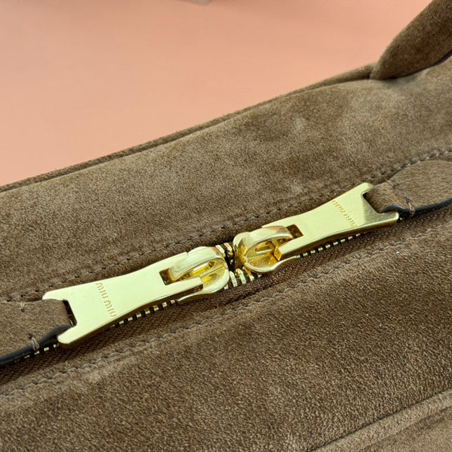 BEAU TOP HANDLE BAG 34 IN COFFEE BROWN SUEDE EMBOSSED LOGO