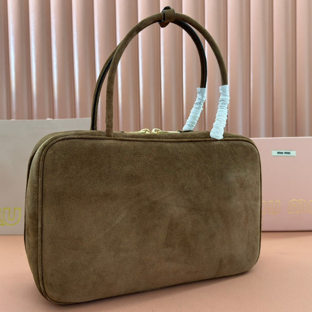 BEAU TOP HANDLE BAG 34 IN COFFEE BROWN SUEDE EMBOSSED LOGO