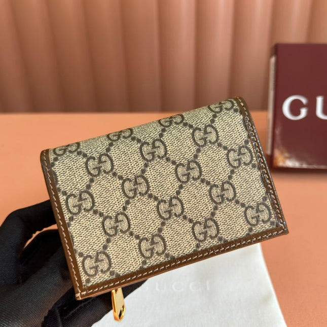 HORSEBIT 1955 CARD CASE WALLET 11.5 IN BEIGE EBONY GG CANVAS BROWN CALFSKIN