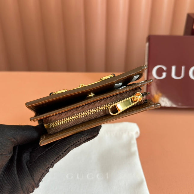 HORSEBIT 1955 CARD CASE WALLET 11.5 IN BEIGE EBONY GG CANVAS BROWN CALFSKIN