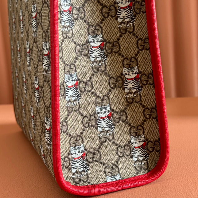 CHILDREN'S PRINTED CAT TOTE BAG 28.5 IN BEIGE AND DARK BROWN GG CANVAS RED TRIM