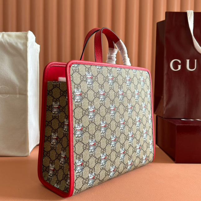 CHILDREN'S PRINTED CAT TOTE BAG 28.5 IN BEIGE AND DARK BROWN GG CANVAS RED TRIM