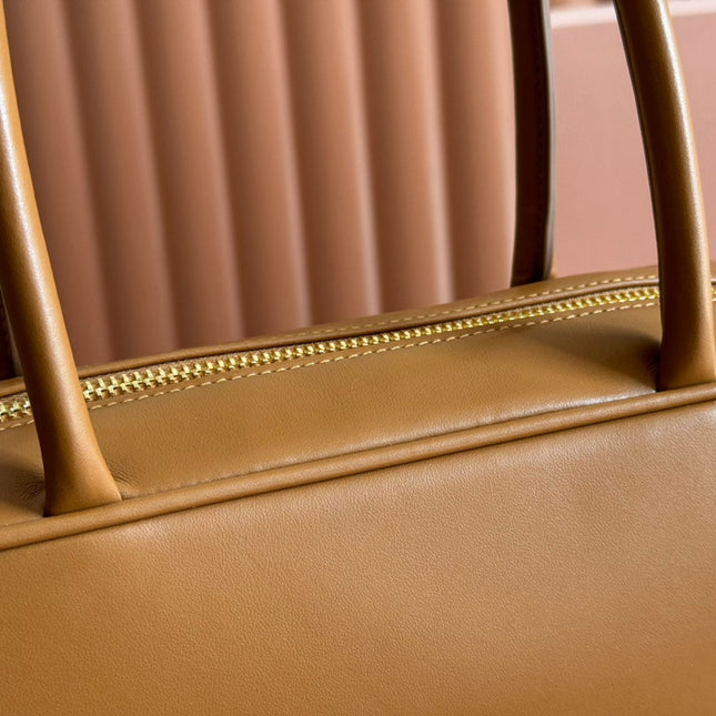BEAU TOP HANDLE BAG 29 IN TAWNY BROWN GLOSSY CALFSKIN