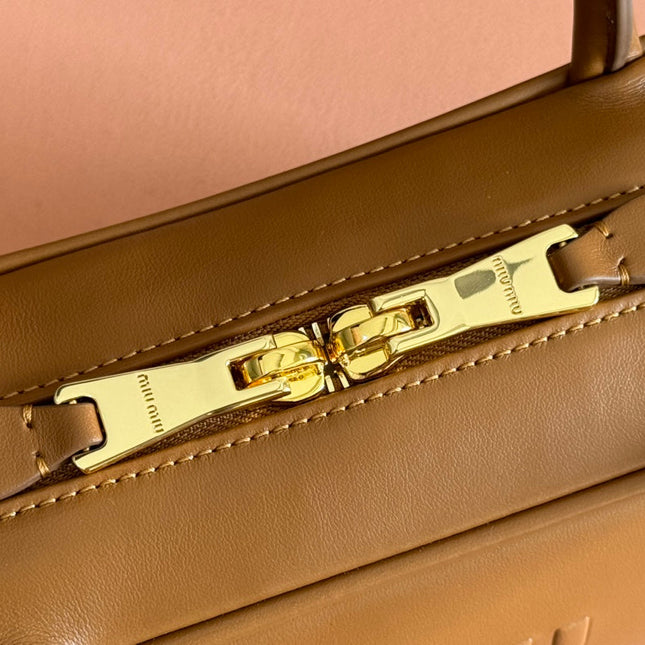 BEAU TOP HANDLE BAG 29 IN TAWNY BROWN GLOSSY CALFSKIN