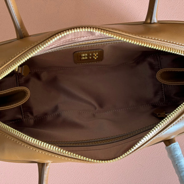 BEAU TOP HANDLE BAG 29 IN TAWNY BROWN GLOSSY CALFSKIN