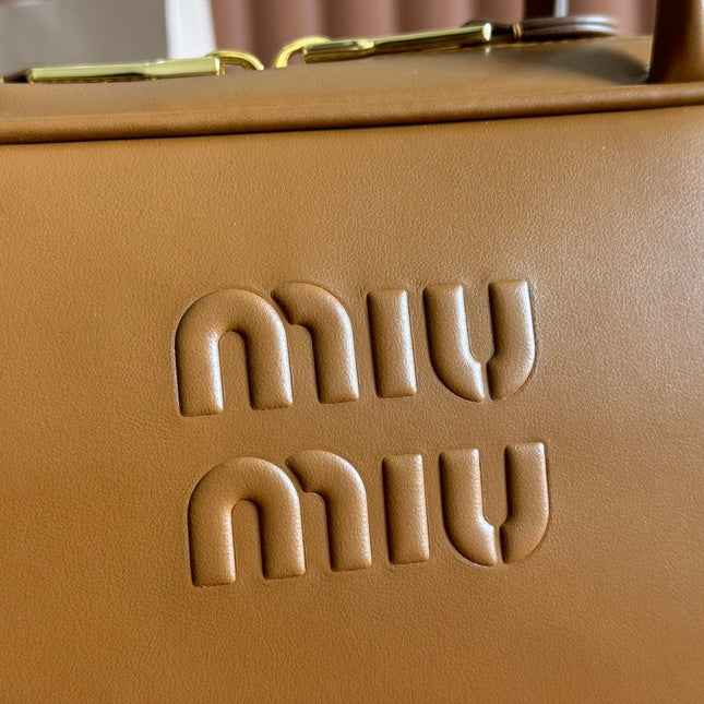 BEAU TOP HANDLE BAG 29 IN TAWNY BROWN GLOSSY CALFSKIN