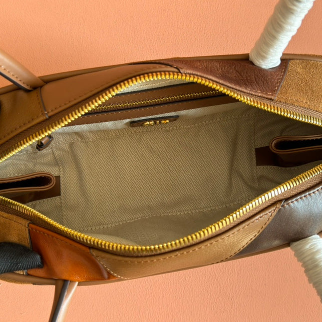BEAU TOP HANDLE BAG 28 IN COGNAC LEATHER PATCHWORK