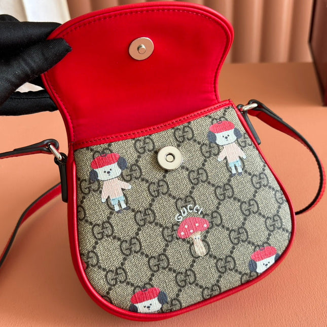 CHILDREN'S PRINTED GG SHOULDER BAG IN BEIGE AND DARK BROWN GG CANVAS RED TRIM