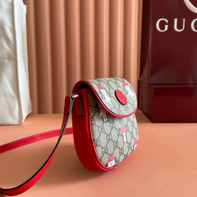 CHILDREN'S PRINTED GG SHOULDER BAG IN BEIGE AND DARK BROWN GG CANVAS RED TRIM