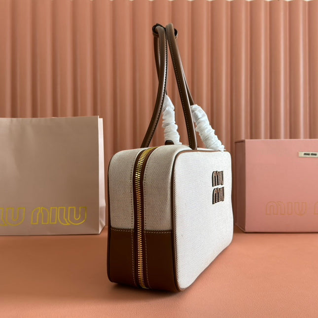 MIUMIU 25S BEAU CANVAS BAG 34 IN BEIGE CANVAS AND BROWN CALFSKIN