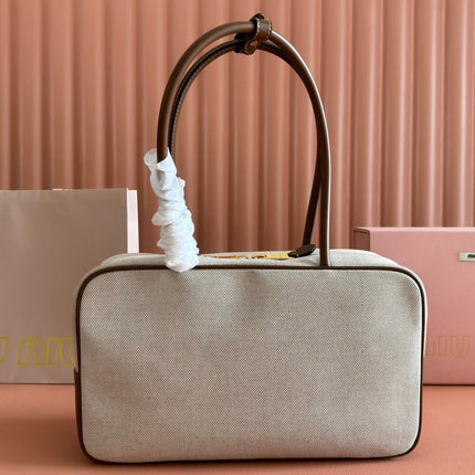 MIUMIU 25S BEAU CANVAS BAG 34 IN BEIGE CANVAS AND BROWN CALFSKIN