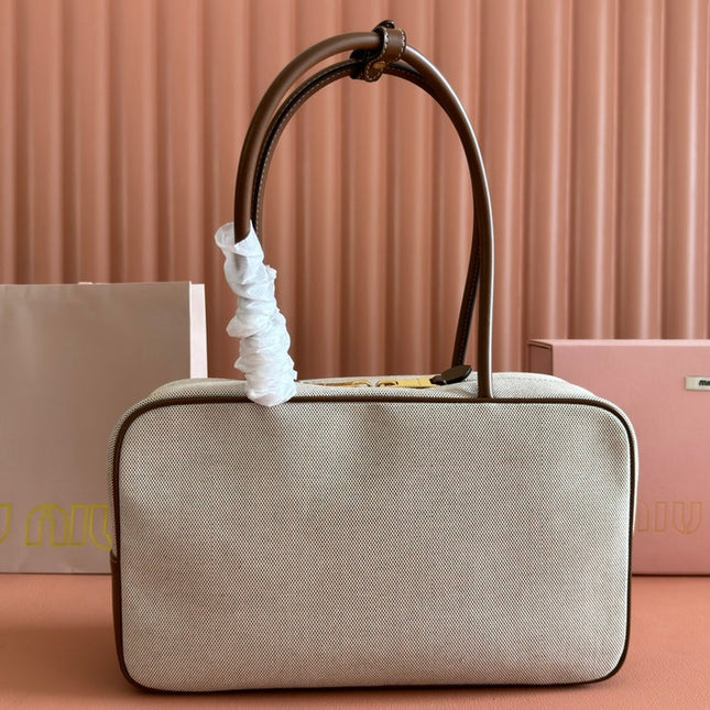 MIUMIU 25S BEAU CANVAS BAG 34 IN BEIGE CANVAS AND BROWN CALFSKIN