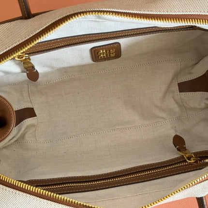 MIUMIU 25S BEAU CANVAS BAG 34 IN BEIGE CANVAS AND BROWN CALFSKIN