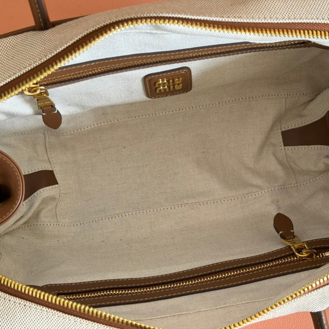 MIUMIU 25S BEAU CANVAS BAG 34 IN BEIGE CANVAS AND BROWN CALFSKIN