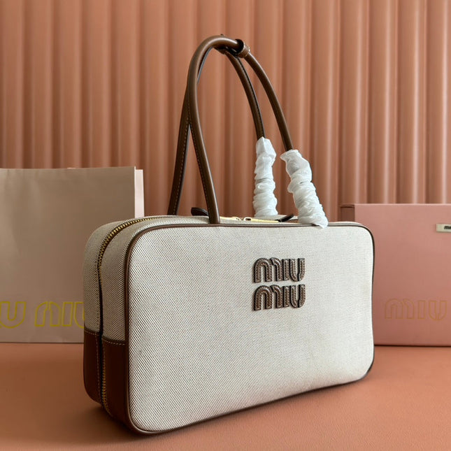 MIUMIU 25S BEAU CANVAS BAG 34 IN BEIGE CANVAS AND BROWN CALFSKIN