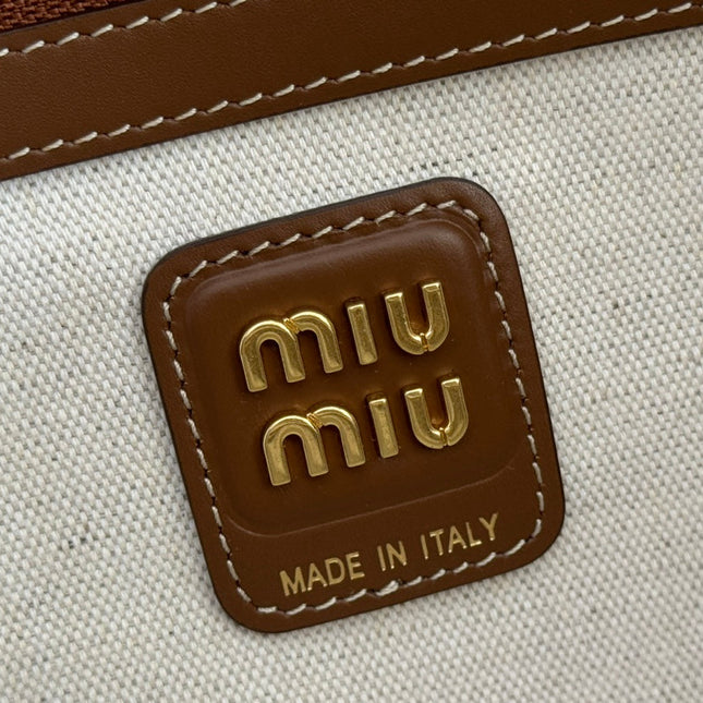 MIUMIU 25S BEAU CANVAS BAG 34 IN BEIGE CANVAS AND BROWN CALFSKIN