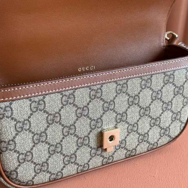 SMALL HORSEBIT 1955 SHOULDER BAG 22.6 IN BEIGE/EBONY GG WITH BROWN CALFSKIN TRIM